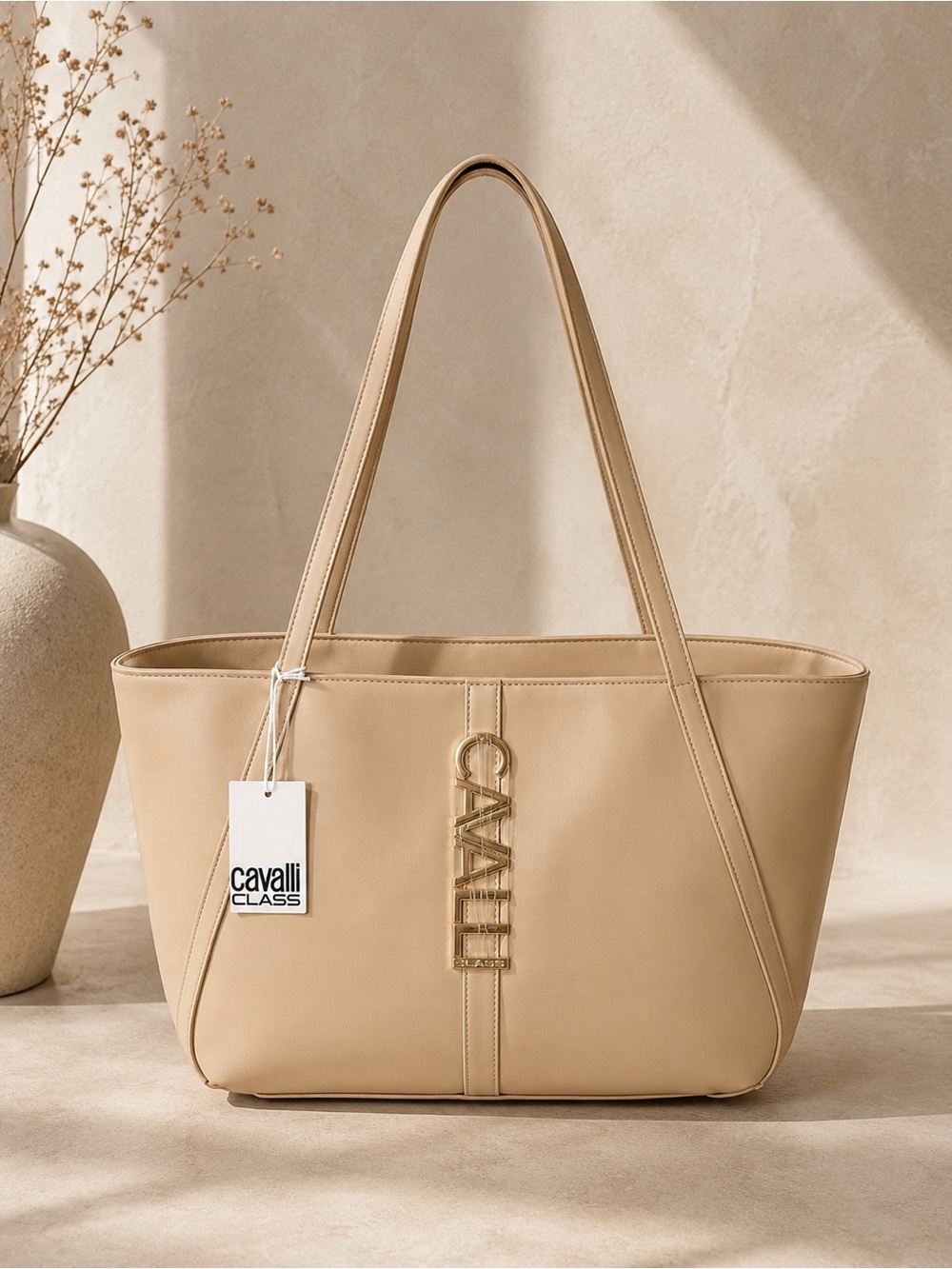 Cavalli Class Beige Large Tote Bag Gold Logo structured Shoulder Purse